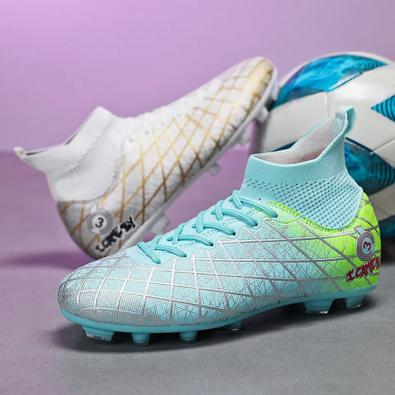 Pair of football boots with rubber studded sole, tall crown upper and front laces, for natural lawn and artificial grass