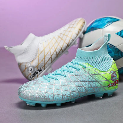 Pair of football boots with rubber studded sole, tall crown upper and front laces, for natural lawn and artificial grass