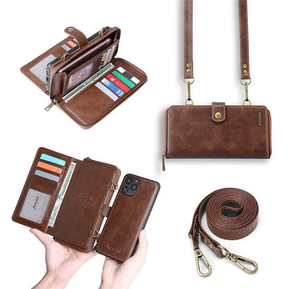 Detachable wallet backpack phone case in black, blue, brown, or red for iPhone and Samsung Galaxy models