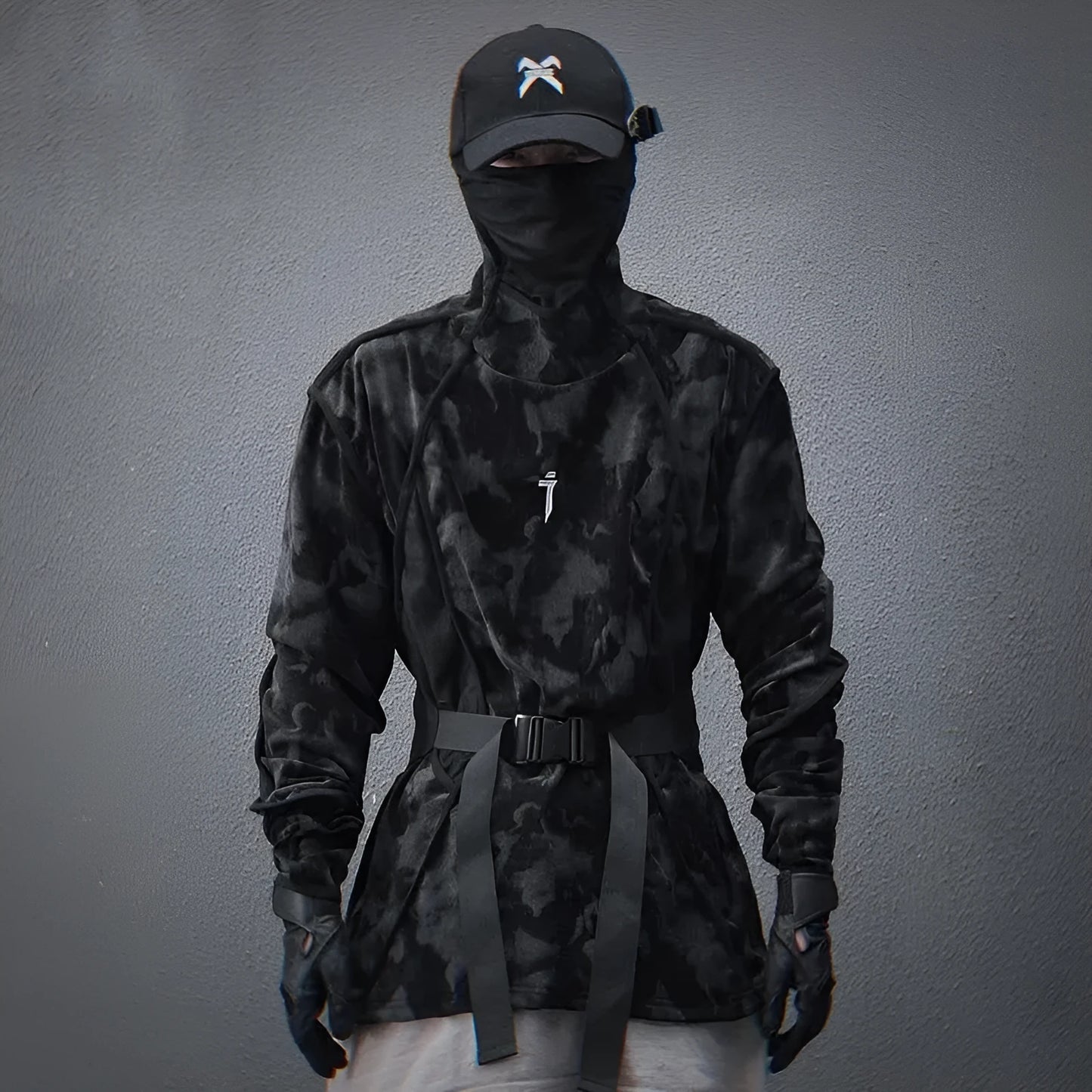 Men's black tie-dye finger turtleneck sweater with drop-shoulder sleeves and full print pattern