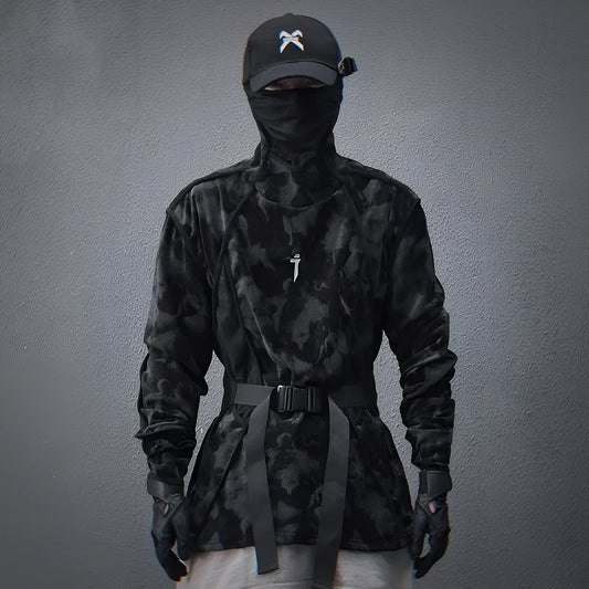 Men's black tie-dye finger turtleneck sweater with drop-shoulder sleeves and full print pattern