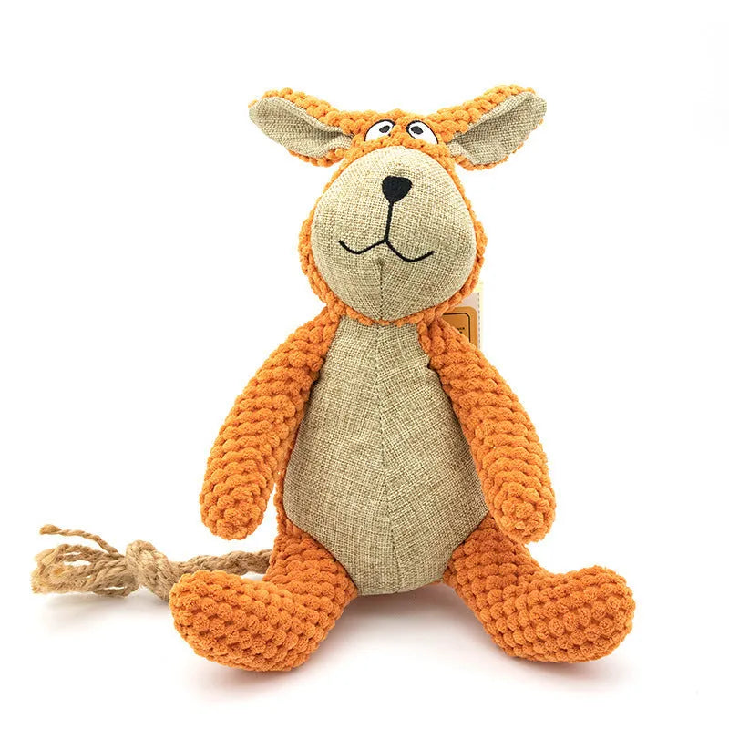 Plush dog squeaky toy in animal shapes for teeth cleaning and interactive play