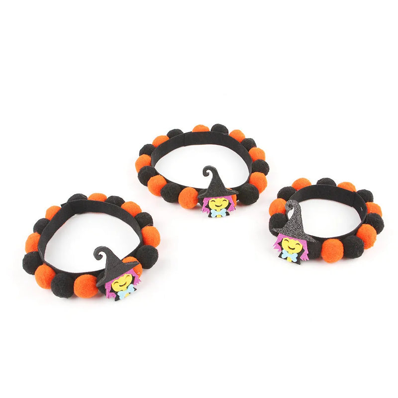 Halloween pet fur ball collar for dogs and cats with colourful pumpkin accessories including pirate, witch, skull and bow designs in small, medium and large adjustable sizes