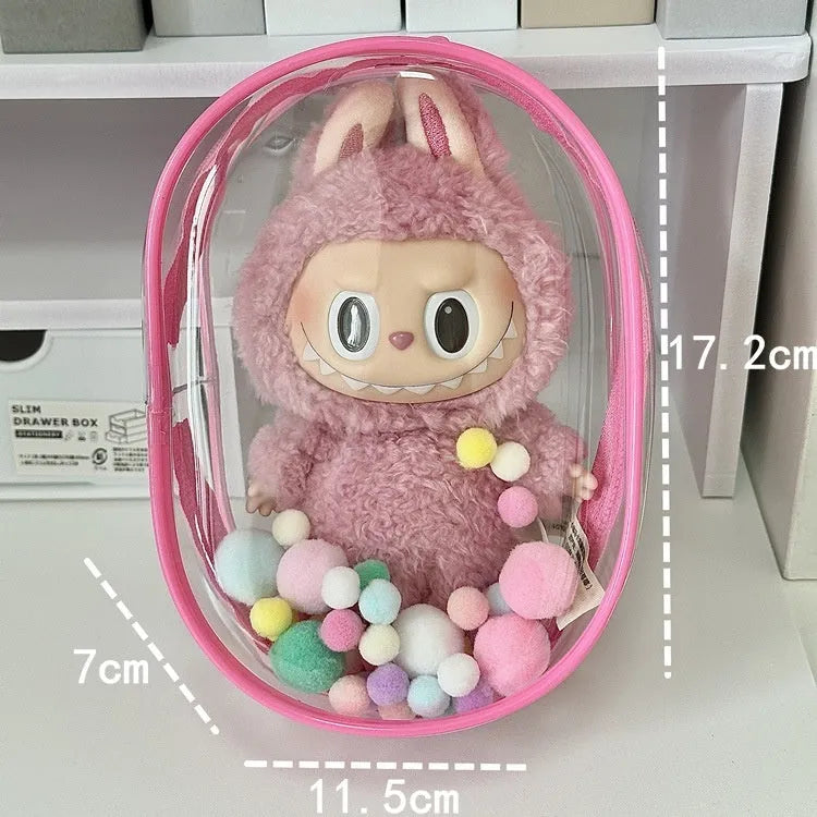 Transparent PVC cube storage bag in 17cm size with avocado green colourful ball keychain attachment
