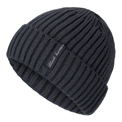 Unisex winter knit letters cap in cotton and coral wool, adult size, shown in black, coffee, dark blue, grey, khaki, and red
