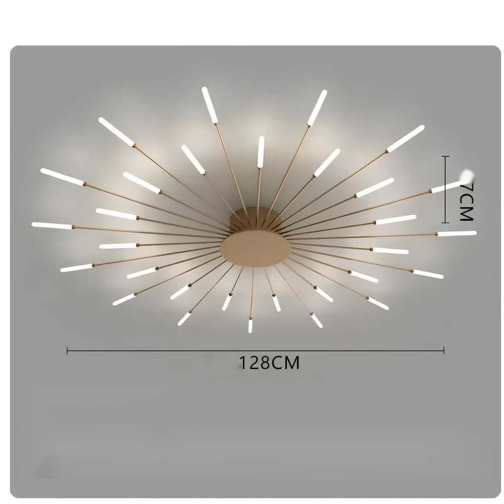 Ceiling room light with decorative iron framework and multiple bulb heads in gold or sand black finish