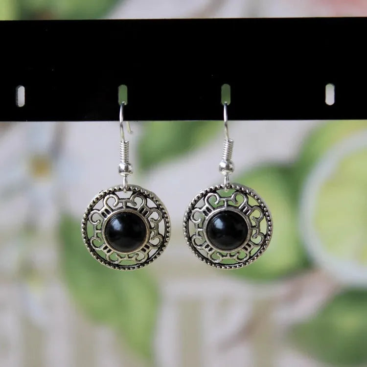 Handmade Miao silver retro turquoise flower disk earrings with geometric totem patterns