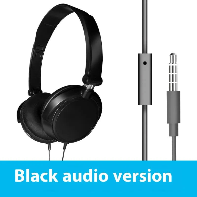 Black folding over-ear wired headphones with adjustable headband and 3.5mm plug on a white background.