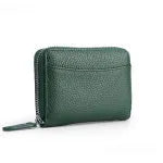 Genuine leather men's and women's zipper coin storage purse in black with sewing line detail.
