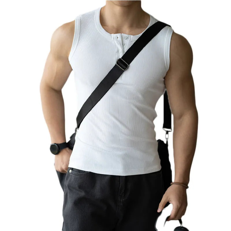Men's black stretch fitness vest with a sunken stripe texture and straight hem