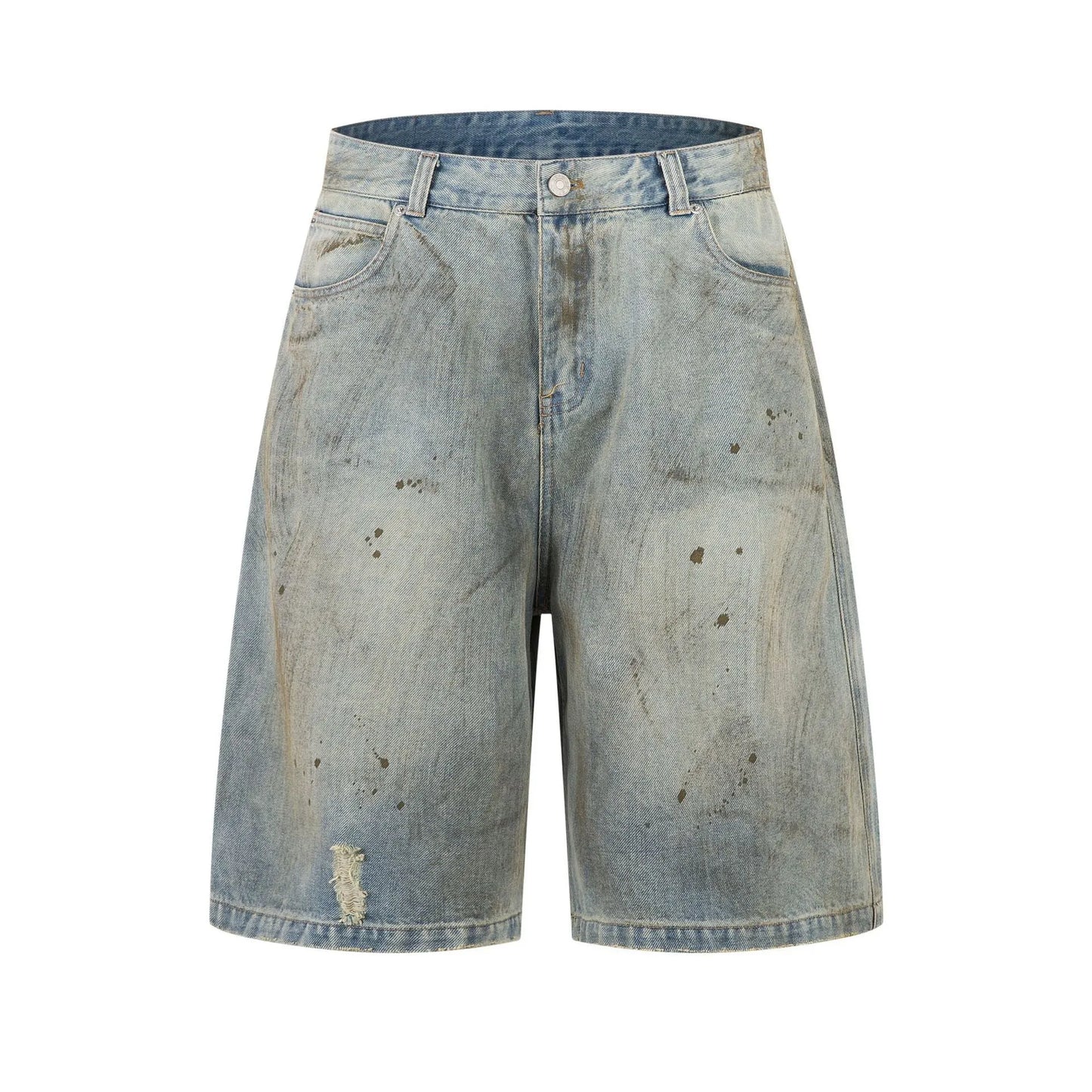 Blue denim cropped middle pants with straight-leg style and zipper fly closure on a street fashion background