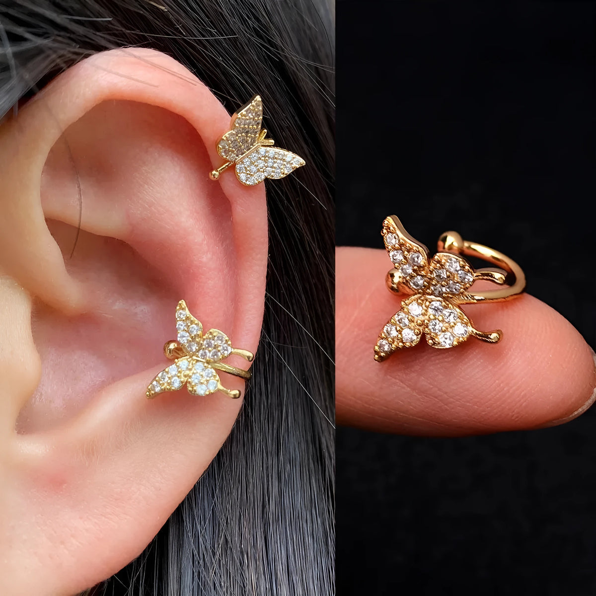 Butterfly flower inlaid zircon pierced earrings in gold or silver copper for women