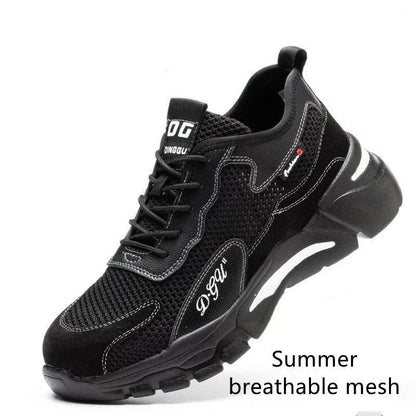 Men's safety shoes with steel toe cap in black, yellow, brown, and gray colors