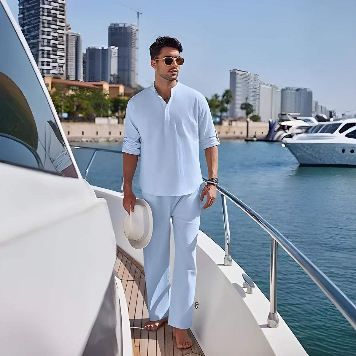 Men's casual cotton long sleeve trousers suit in solid colours on a hanger.