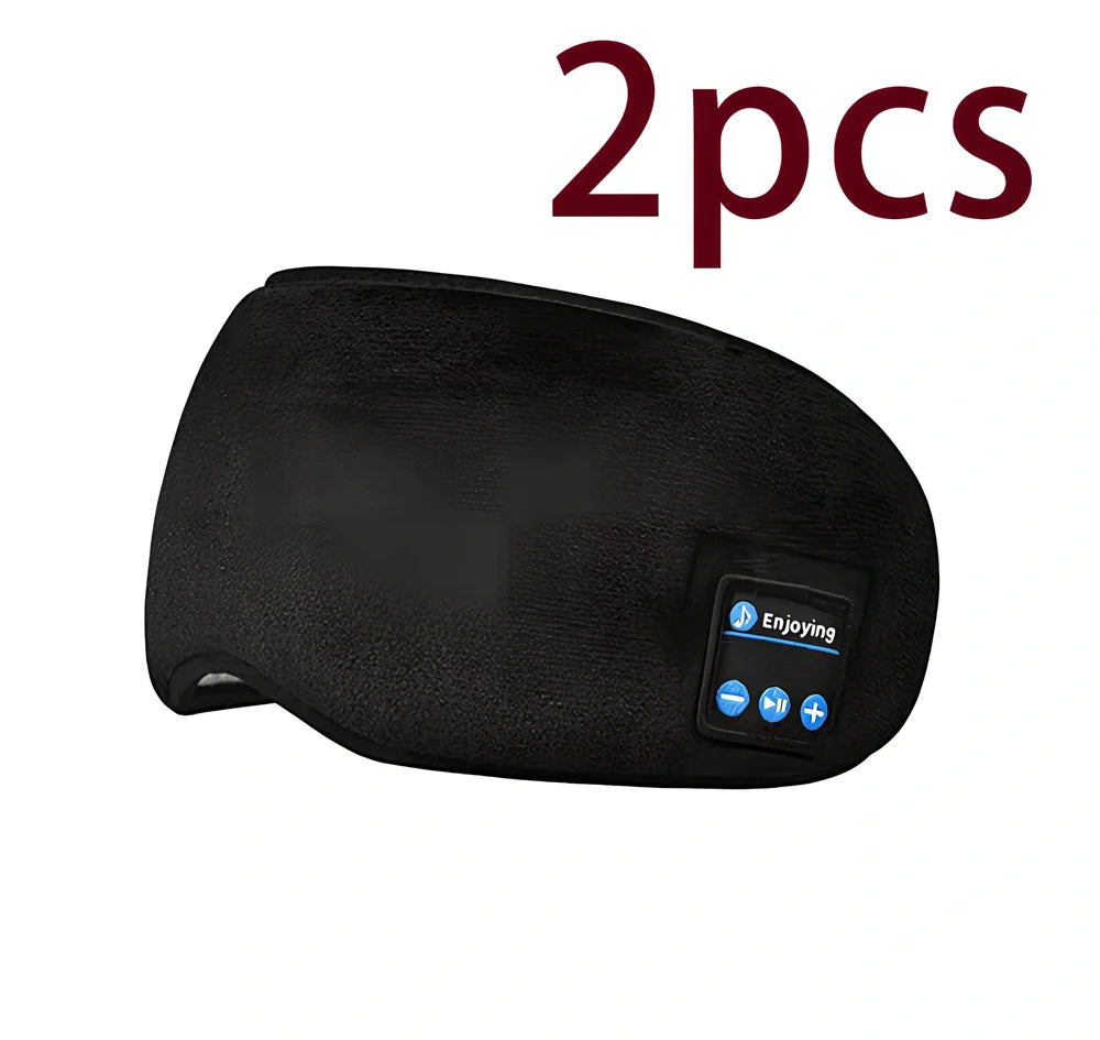 Black Bluetooth 5.0 eye mask with adjustable elastic strap and built-in speakers for wireless audio