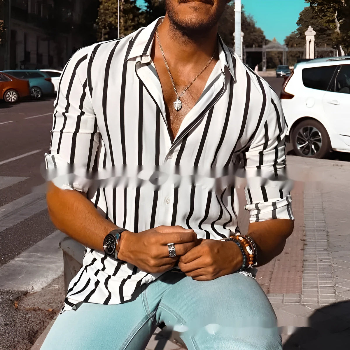 Men's striped casual button shirt with loose fit and cardigan styling