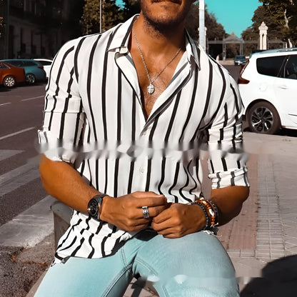 Men's striped casual button shirt with loose fit and cardigan styling