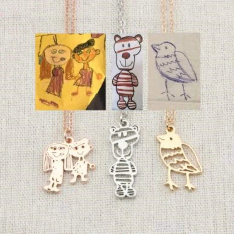 Custom stainless steel kids artwork necklace with personalized pendant