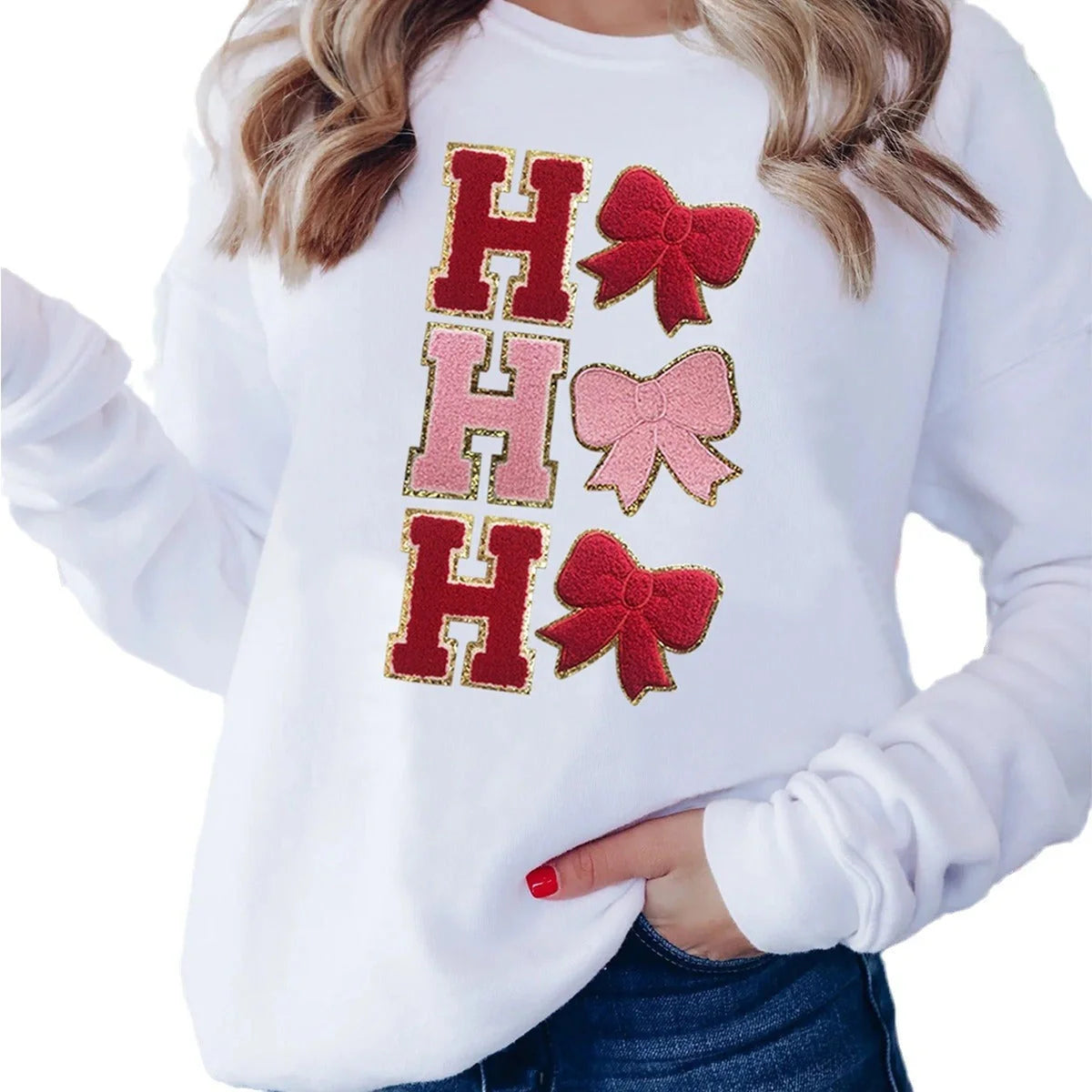 Women's Christmas Tree Sequin Sweatshirt in milky white with sparkling embroidery, perfect for holiday fashion.