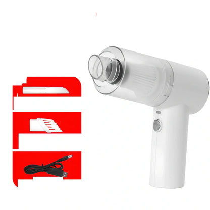 Black cordless car vacuum with suction head and brush attachment, 16.5cm size