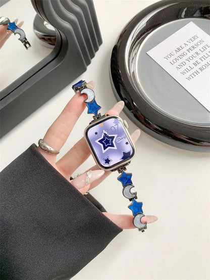 Metal chain Apple Watch strap with snap button, shown in star and moon colour options and two size ranges