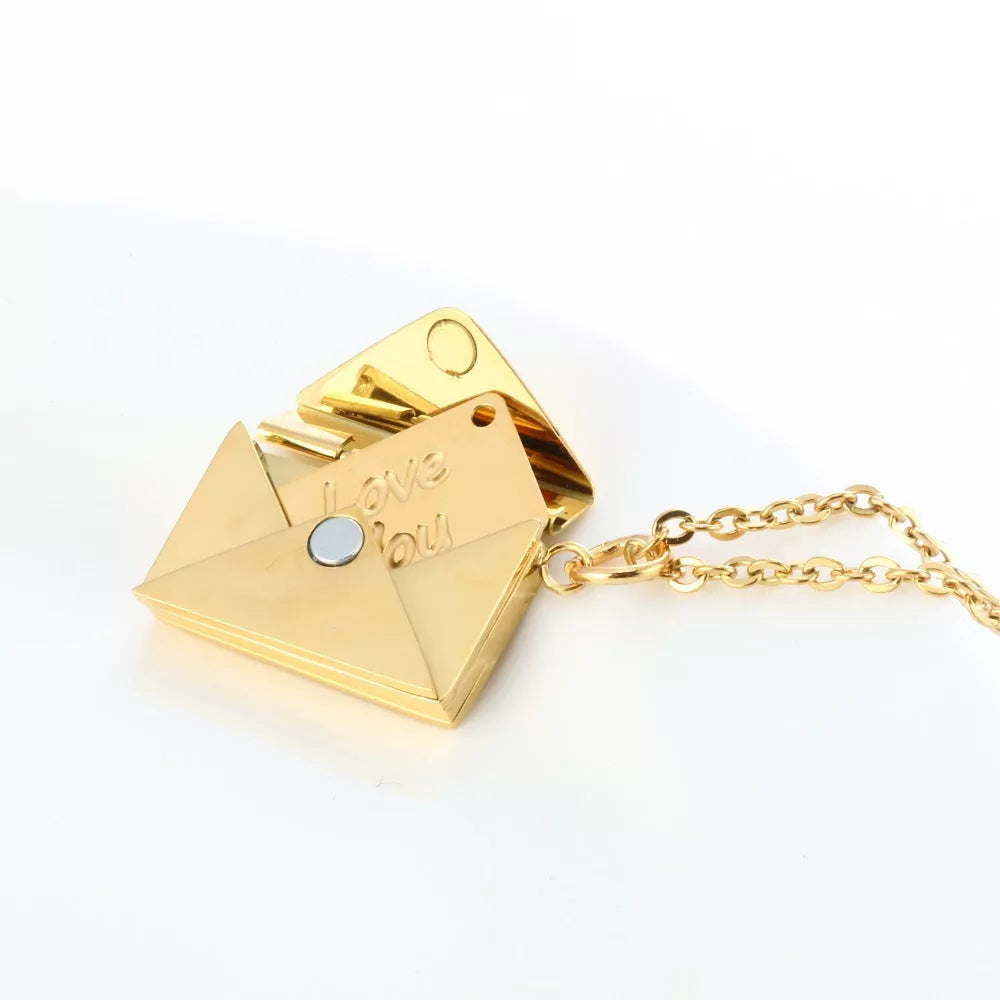 Custom engraved peach heart envelope necklace in titanium steel with personalization options