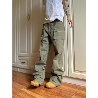 Double zipper workwear casual pants in green cotton fabric with pocket and elastic waist