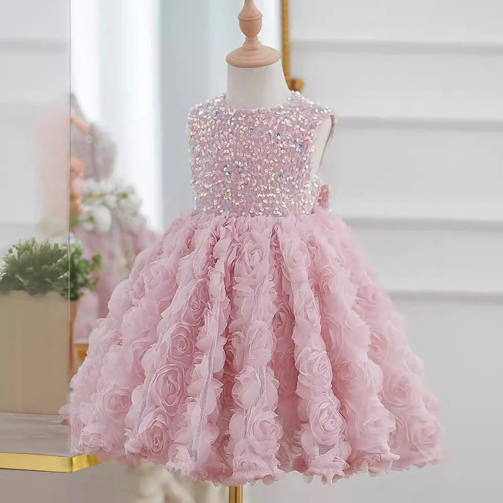 Pink girls pettiskirt with sequins and three-dimensional flowers, sleeveless design for heights 80-160cm