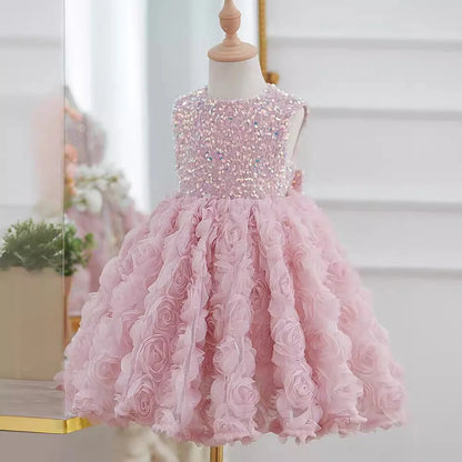 Pink girls pettiskirt with sequins and three-dimensional flowers, sleeveless design for heights 80-160cm