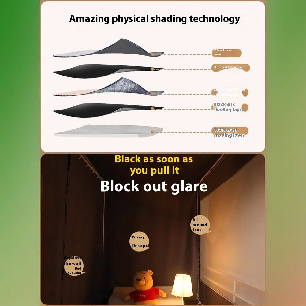 Grey bed curtains with integrated mosquito net on 0.9m bed frame showing five-sided enclosure