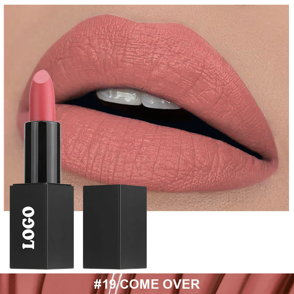Beauty Does Not Fade matte finish lipstick in nonstick cup packaging, showing range of 24 colour shades.