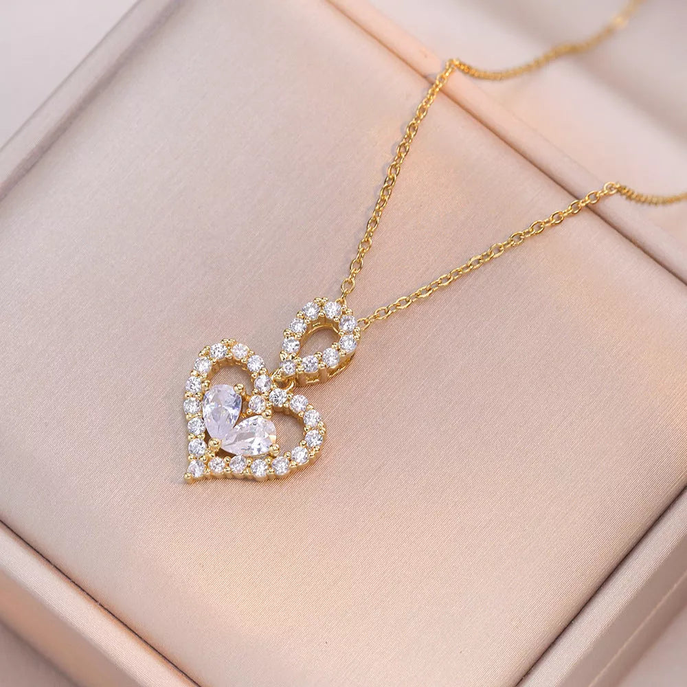 Luxury rhinestone crystal heart pendant necklace for women with mixed gem inlays