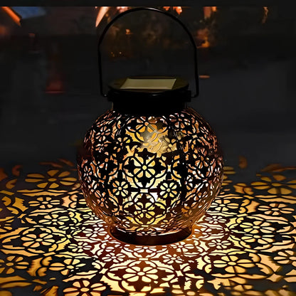 Solar wrought iron ground ball lamp with 15x15x46cm dimensions and LED lighting for garden pathways