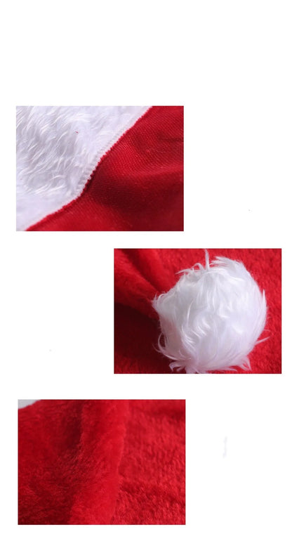 Red and white plush Santa hat with LED lights around brim in Christmas setting