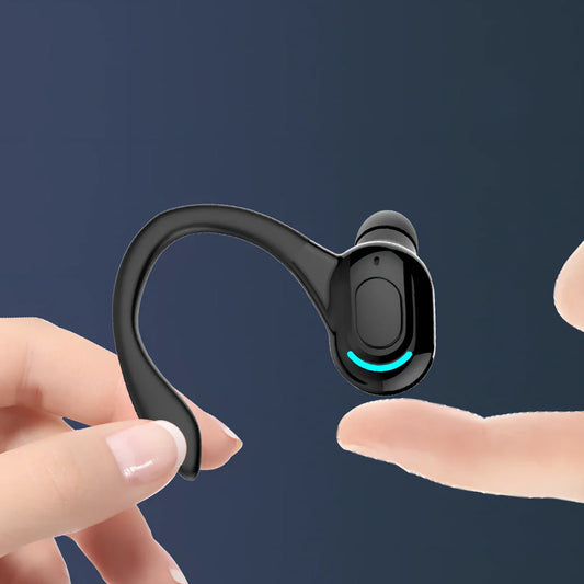 Black sports earbuds with Bluetooth 5.1 showing 15-hour battery life and included charging cable