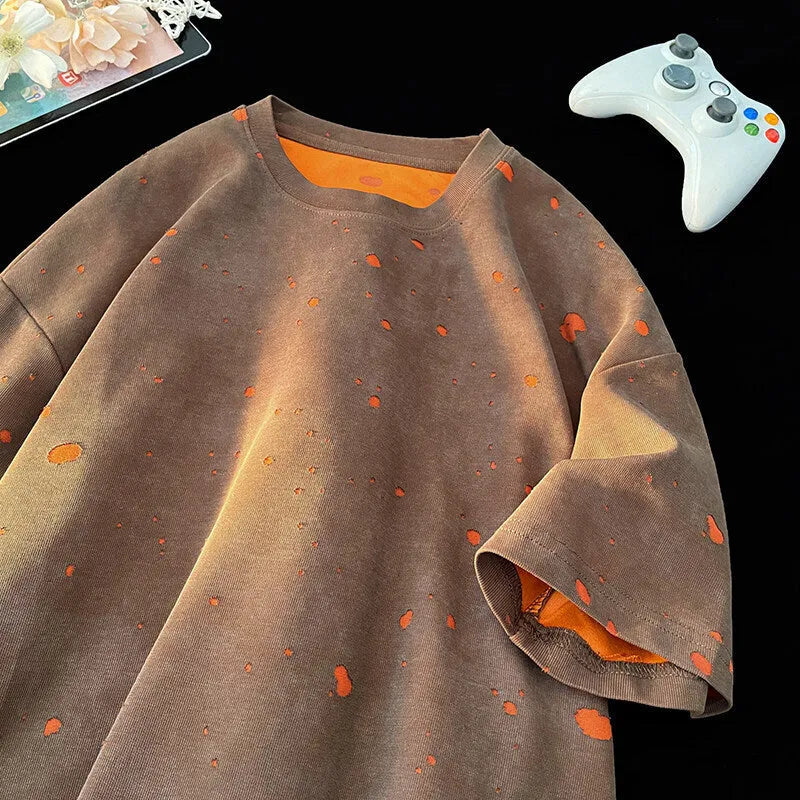 Men's loose fit ripped short sleeve T-shirt in round neck design showing khaki colour option