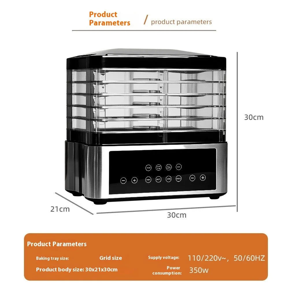 Silver stainless steel fruit dehydrator with multiple drying trays and digital temperature control display