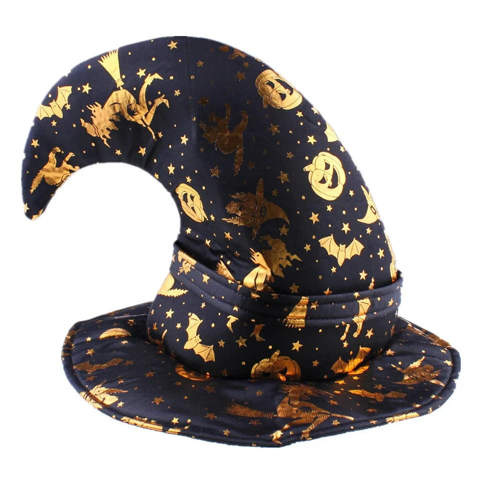 Halloween wizard hat in non-woven crepe fabric showing three style options: black, curved angle, and flocked orange