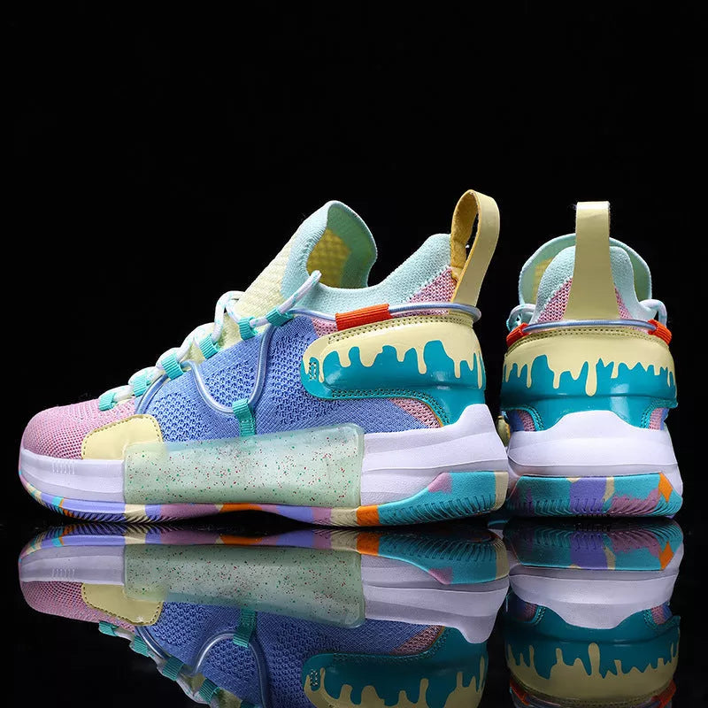 Breathable sports shoes with rubber sole and synthetic leather upper in light green, ice blue, white purple, and champagne powder