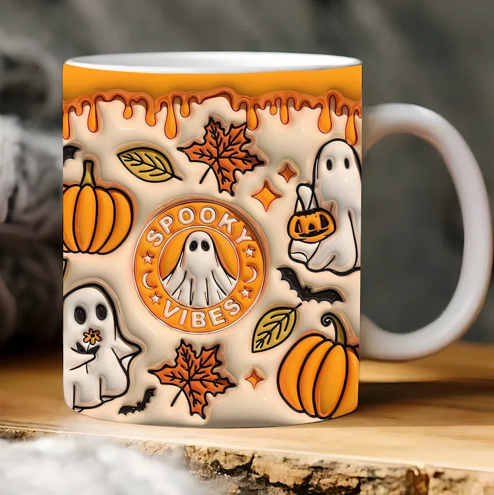 Halloween pumpkin design ceramic coffee mug with 350ml capacity and porcelain construction