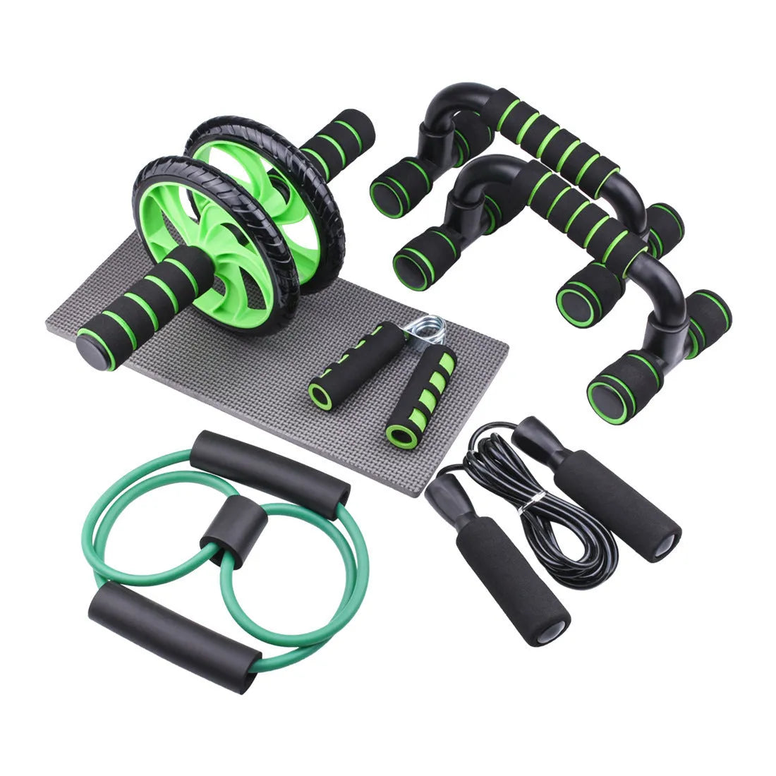 Push-up bracket with seven abdominal wheels in red, green, black, and blue colour options