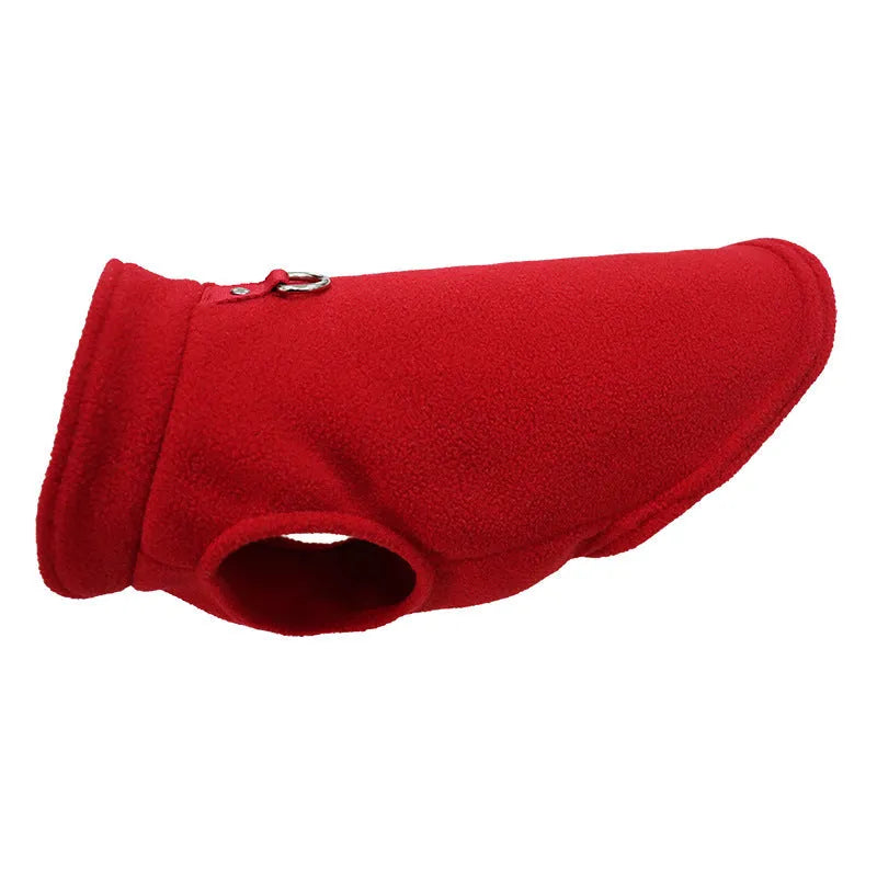 Polar fleece dog waistcoat in solid colour on small dog showing side-open design