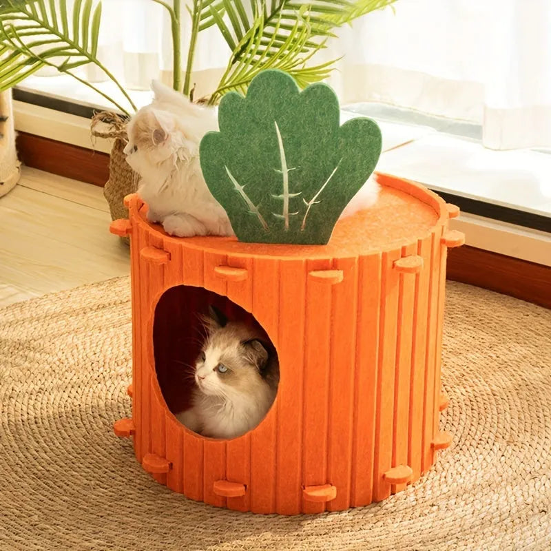 Felt cat tunnel with drilled semi-enclosed design showing peek-out openings
