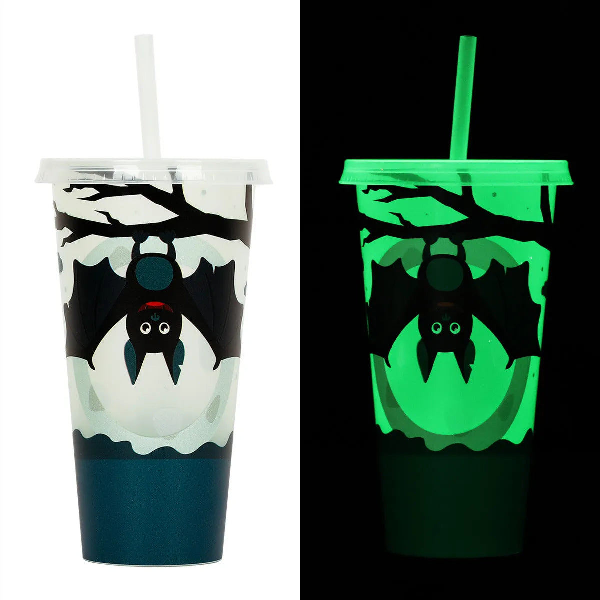 720ml plastic sippy cup with luminous straw showing cylindrical shape and Halloween colours