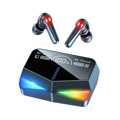 Black wireless Bluetooth gaming headset with in-ear earplug design showing battery display and call functions