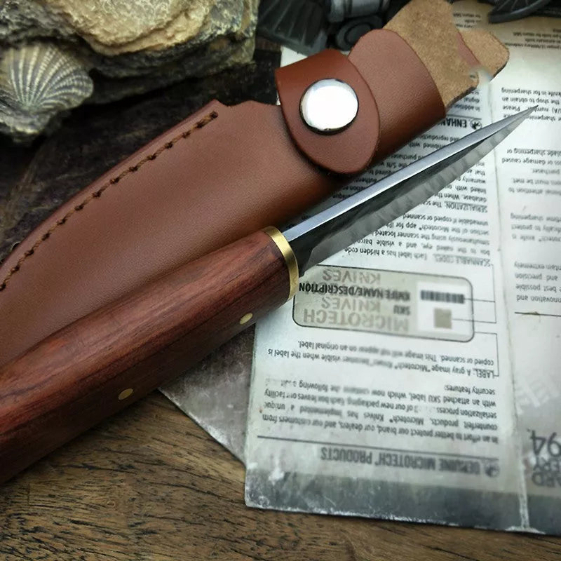 Outdoor survival knife with 8cm stainless steel blade and mahogany handle