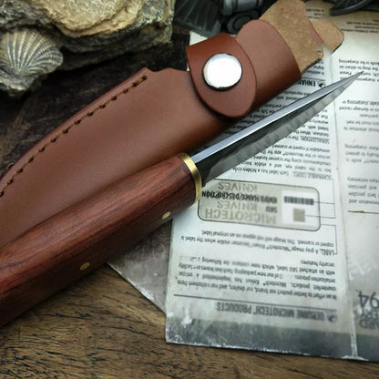 Outdoor survival knife with 8cm stainless steel blade and mahogany handle