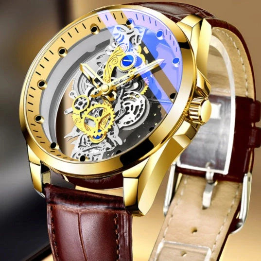 Men's skeleton automatic quartz watch with gold finish and mineral glass face