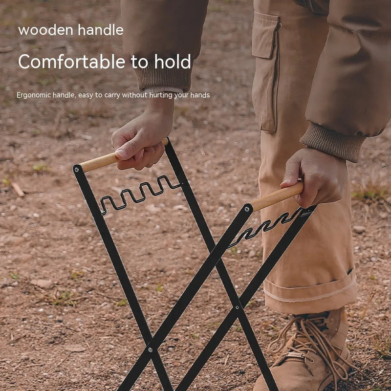 Outdoor wooden handle wrought iron garbage storage hanger, a black or white folding trash rack for recycling bags or single cardboard boxes, providing wall-mounted storage for waste management in gardens, sheds, and utility areas.