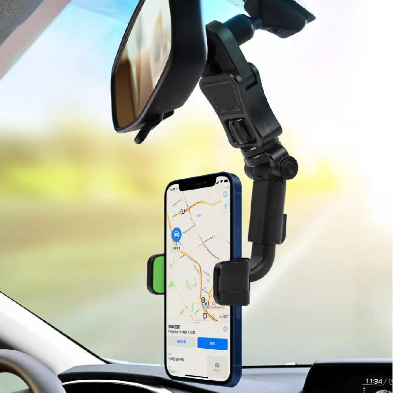 Black and green car phone holder mounted on rear view mirror bracket with AR navigation pillow design